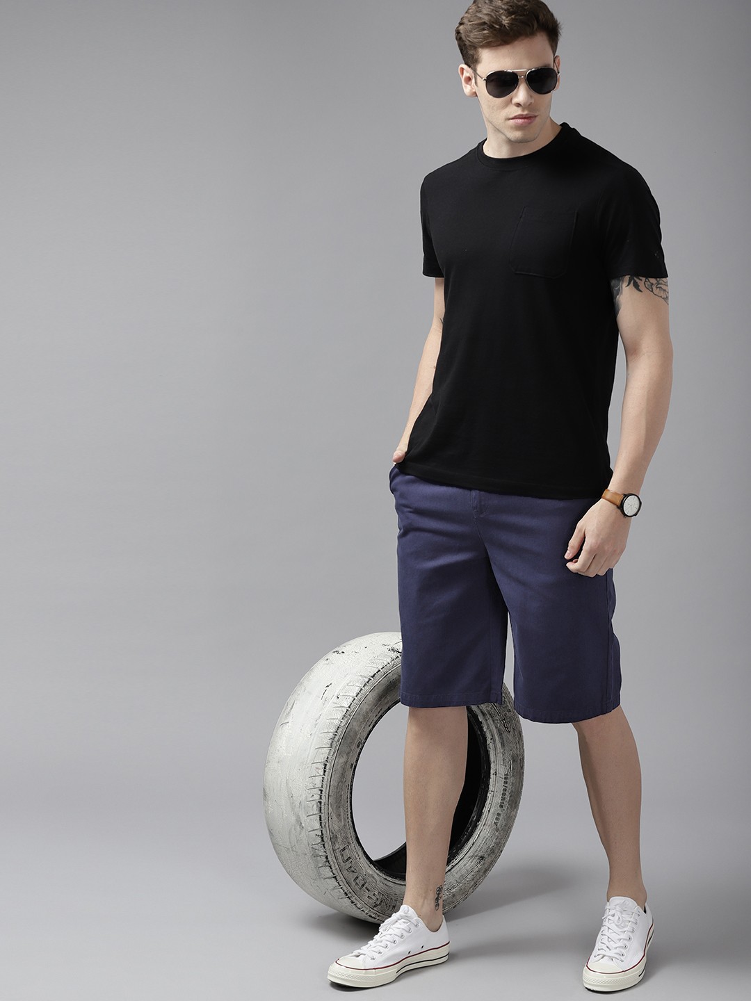 

Roadster Men Navy Blue Pure Cotton Denim Shorts