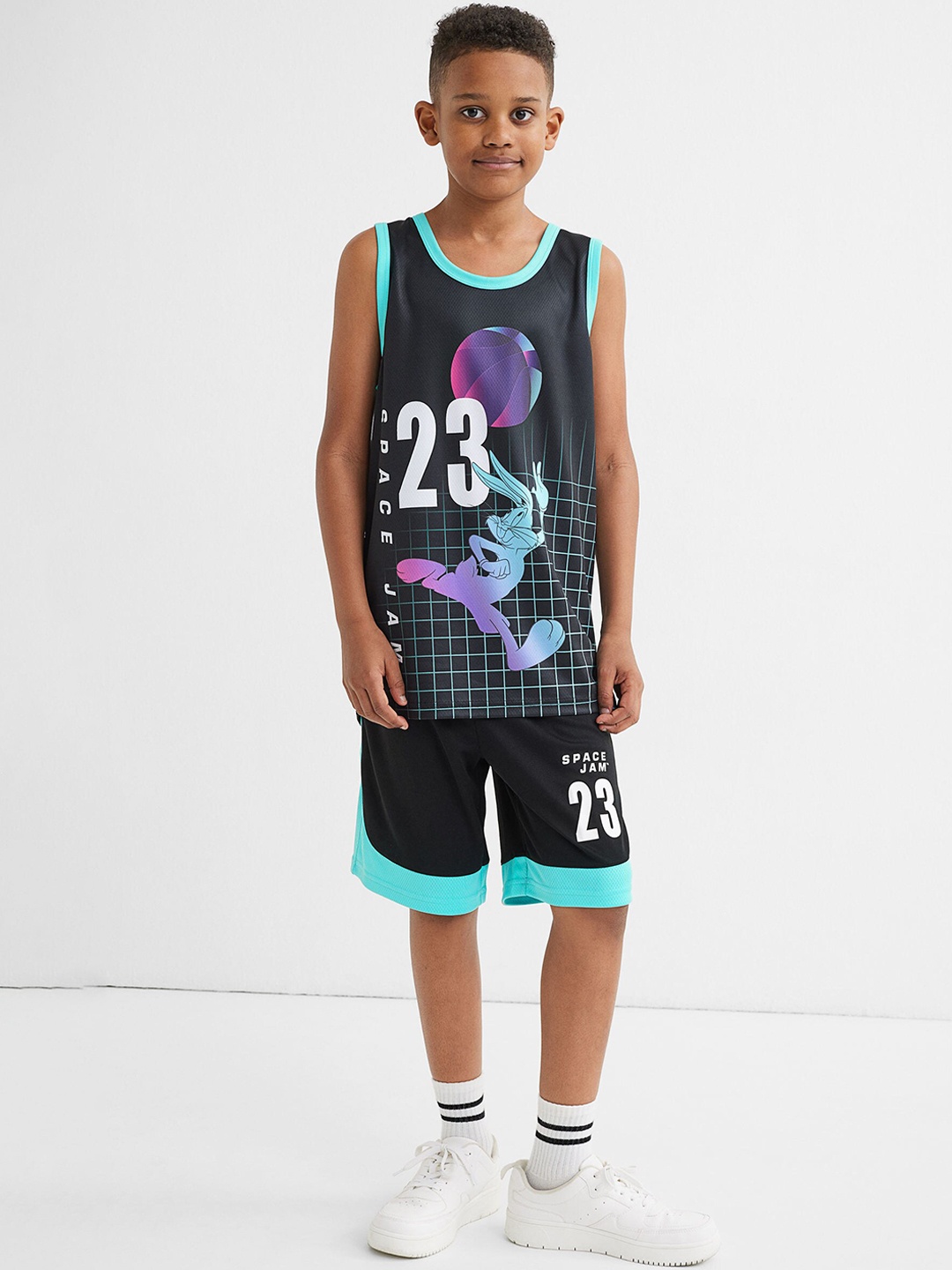 

H&M Boys Black & Turquoise Blue 2-Piece Printed Basketball Set