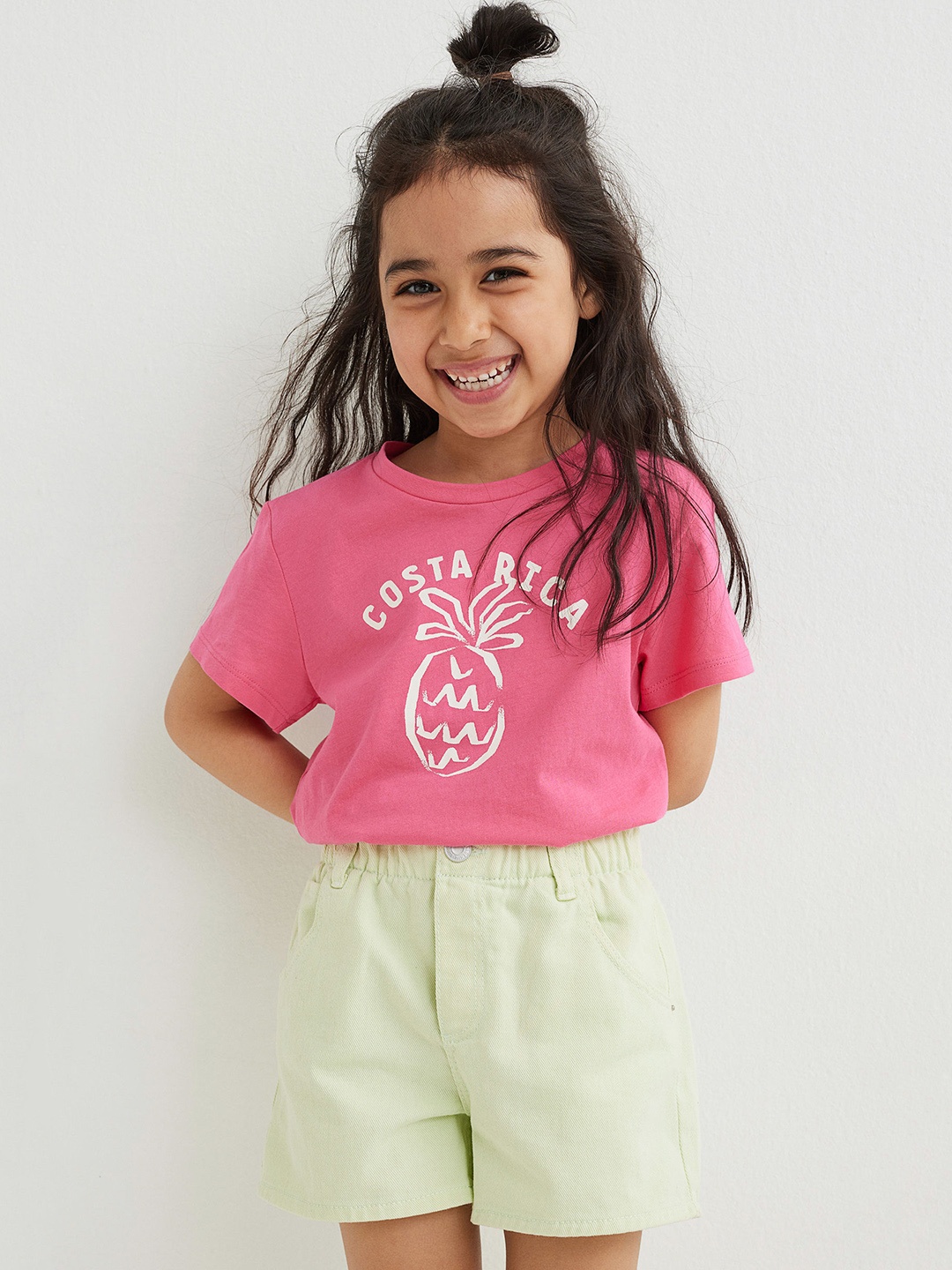 

H&M Girls Green Solid Relaxed Fit Twill Pure Cotton Paper Bag Shorts