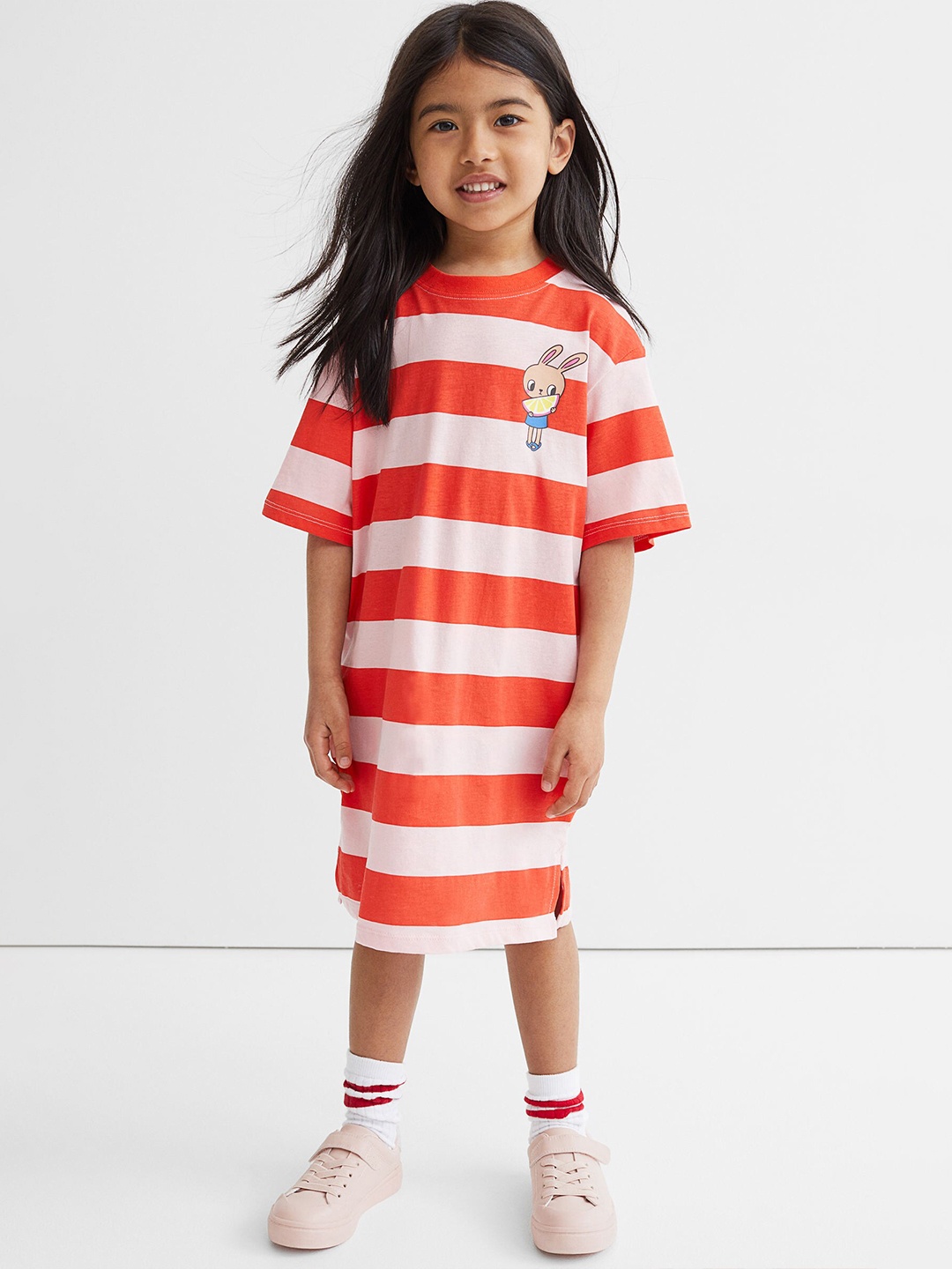

H&M Girls Orange & White Striped Round Neck Cotton T-Shirt Dress