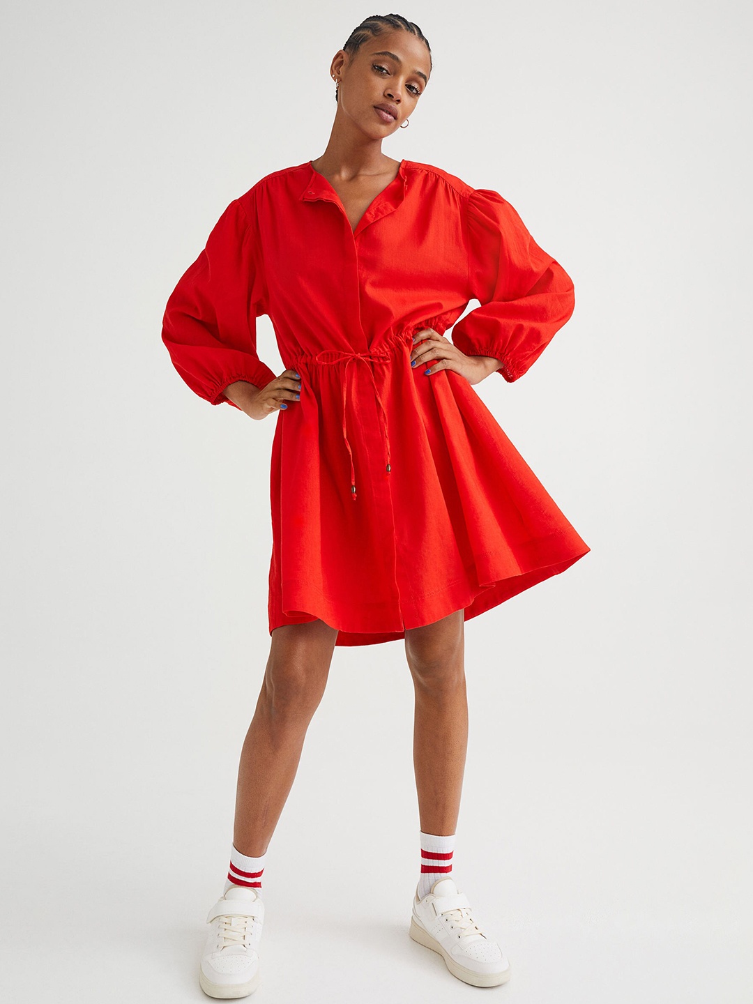 

H&M Women Red Short Linen-Blend Dress