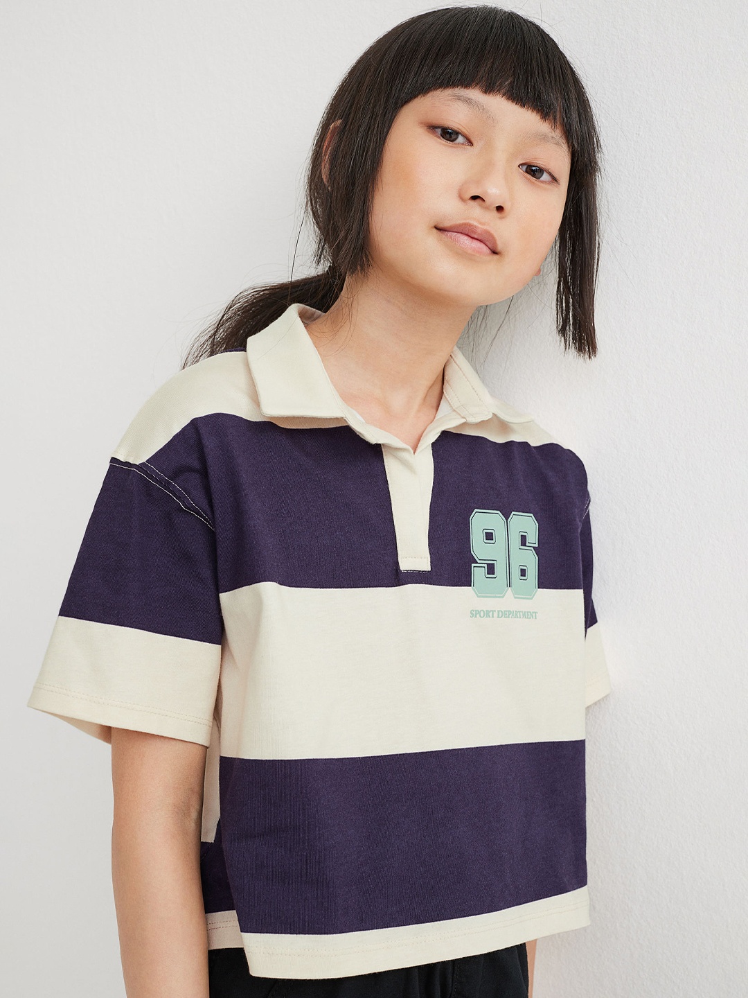 

H&M Girls Navy Blue & Blue Striped Cotton Cropped Rugby Shirt
