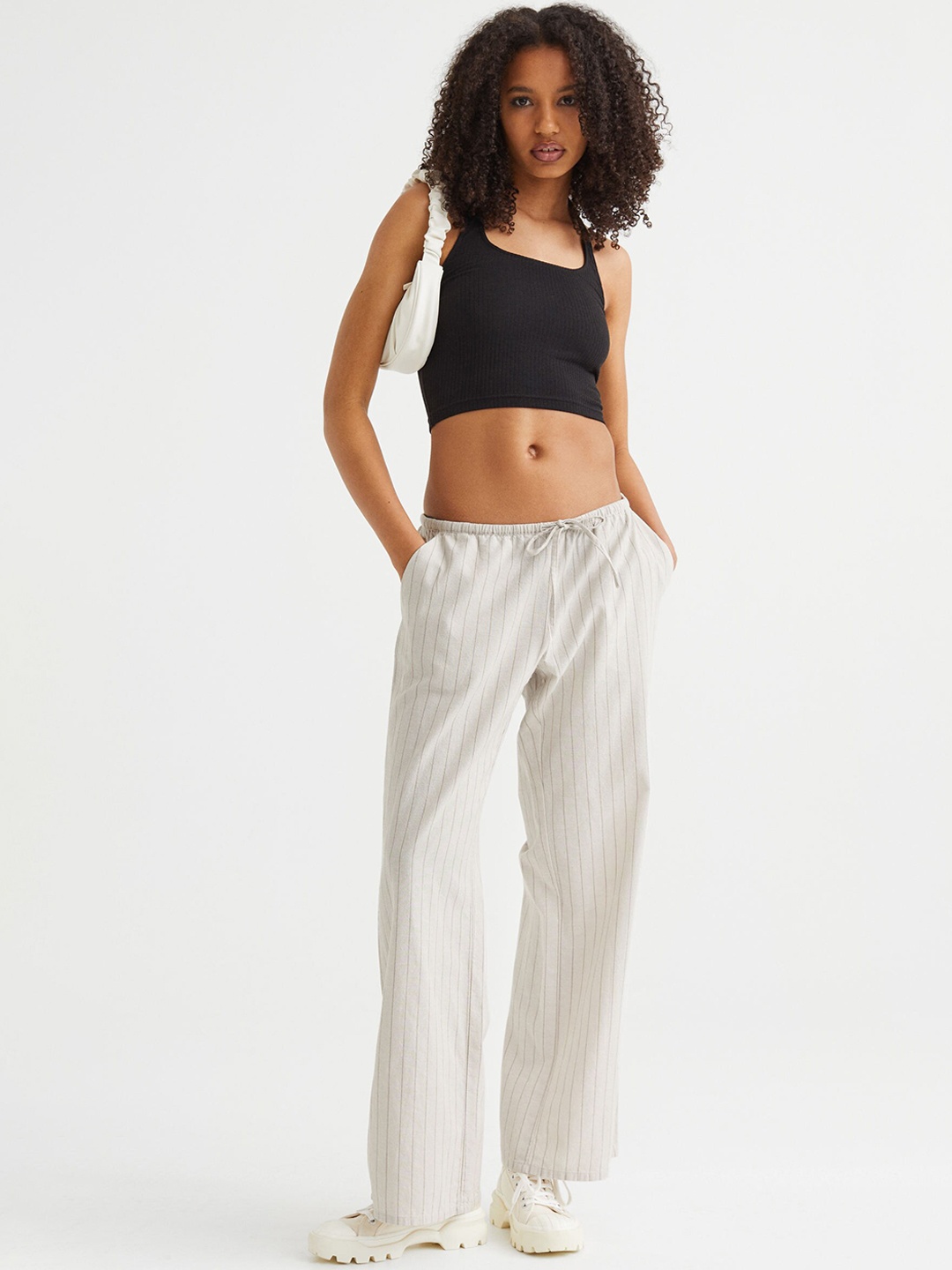 

H&M Women Beige Striped Wide Trousers