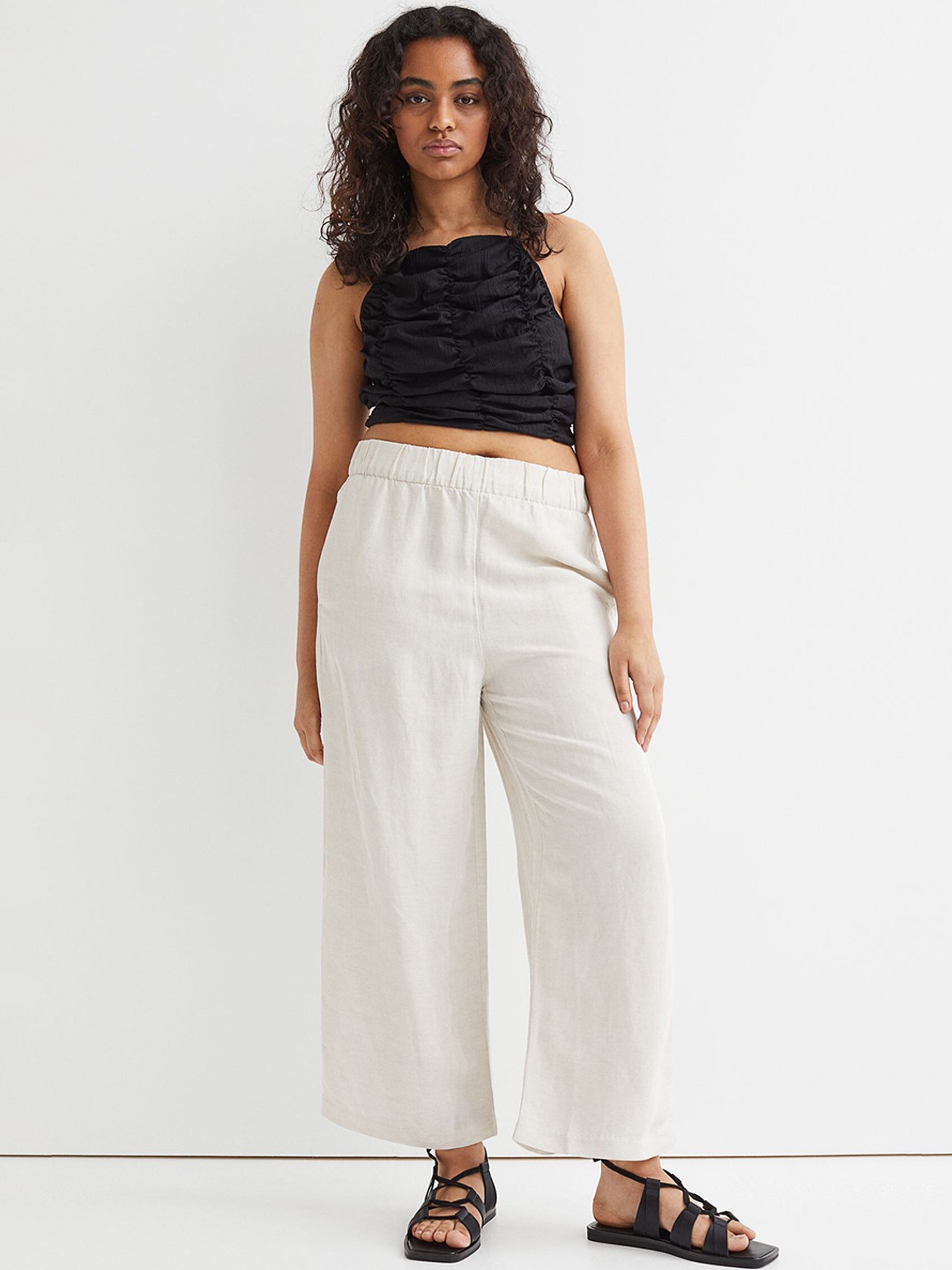 

H&M Women Beige Wide Linen-blend Trouser