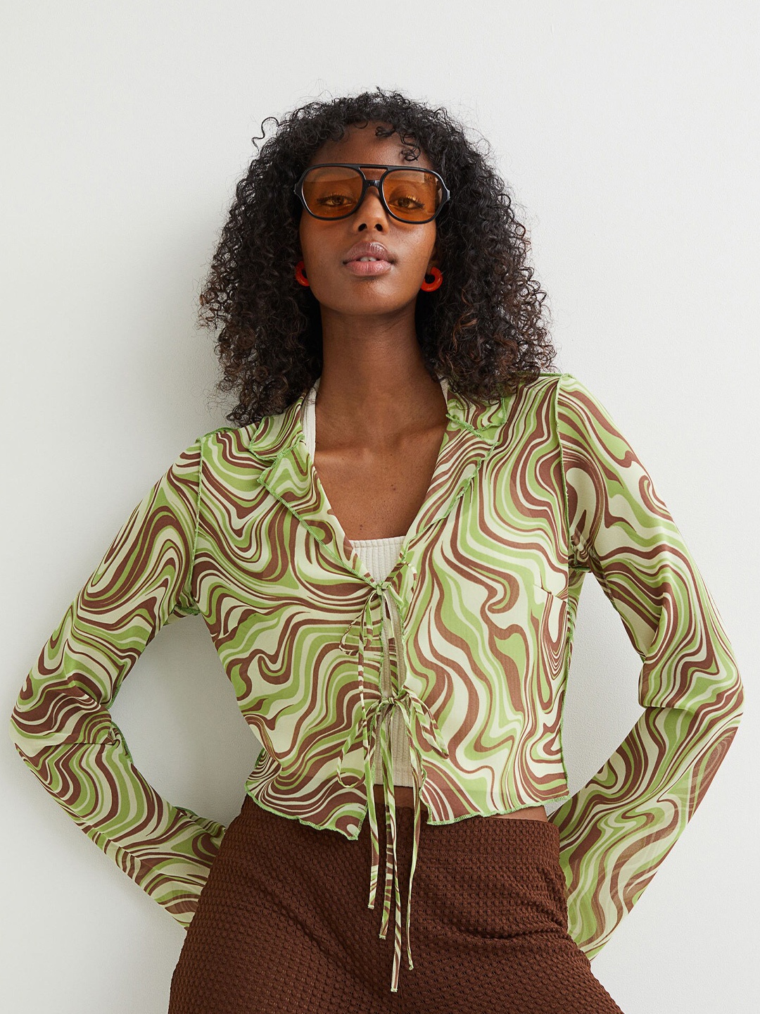 

H&M Women Multicolored Tie-Front Chiffon Blouse, Multi