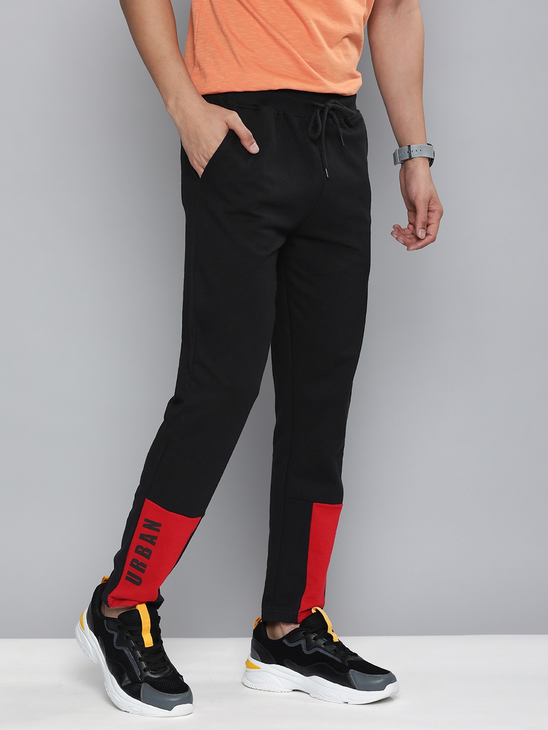 

HERE&NOW Men Black & Red Colourblocked Slim Fit Track Pants