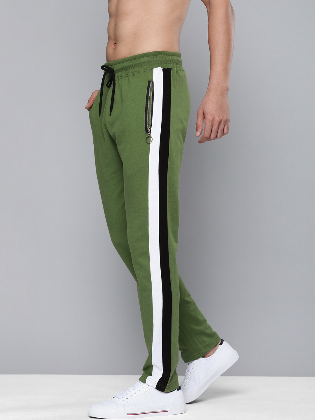 

HERE&NOW Men Green Solid Track Pants with Side Stripe Pure Cotton Detail