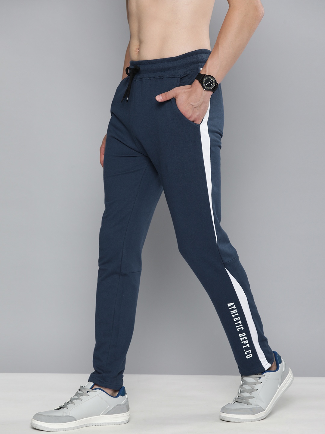 

HERE&NOW Men Blue & White Side Striped Pure Cotton Track Pants