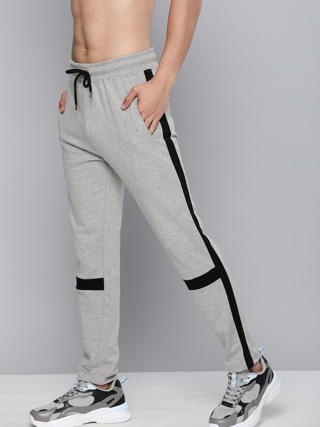 

HERE&NOW Men Black Grey Track Pants with Side Stripe Detail