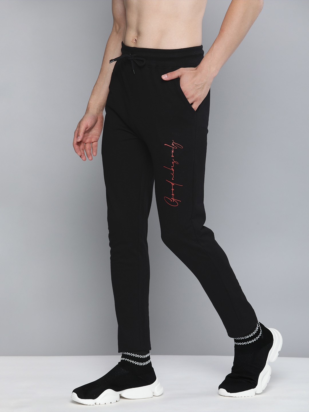 

HERE&NOW Men Black & Red Printed Pure Cotton Track Pants