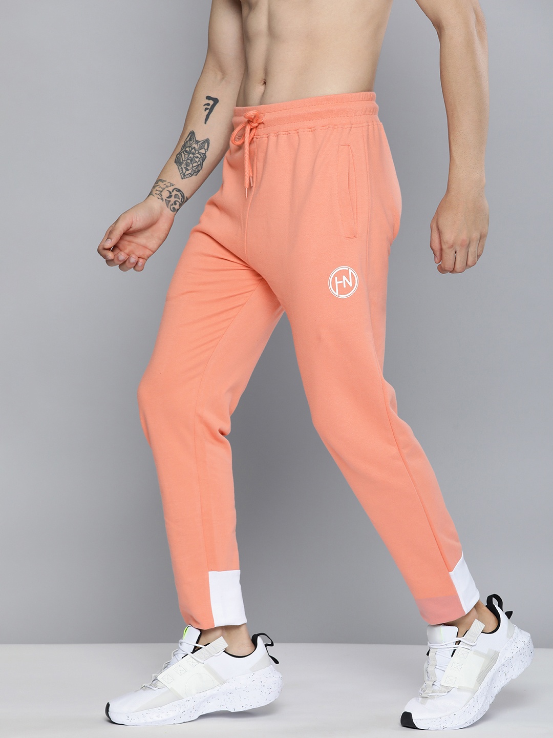

HERE&NOW Men Peach & White Colourblocked Pure Cotton Track Pants