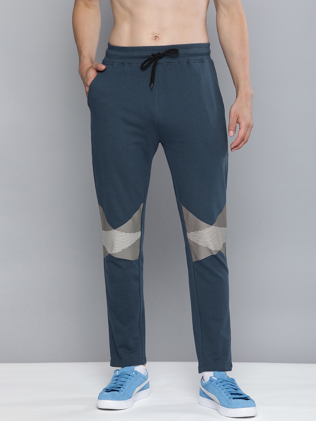 

HERE&NOW Men Navy Blue & Grey Colourblocked Pure Cotton Track Pants