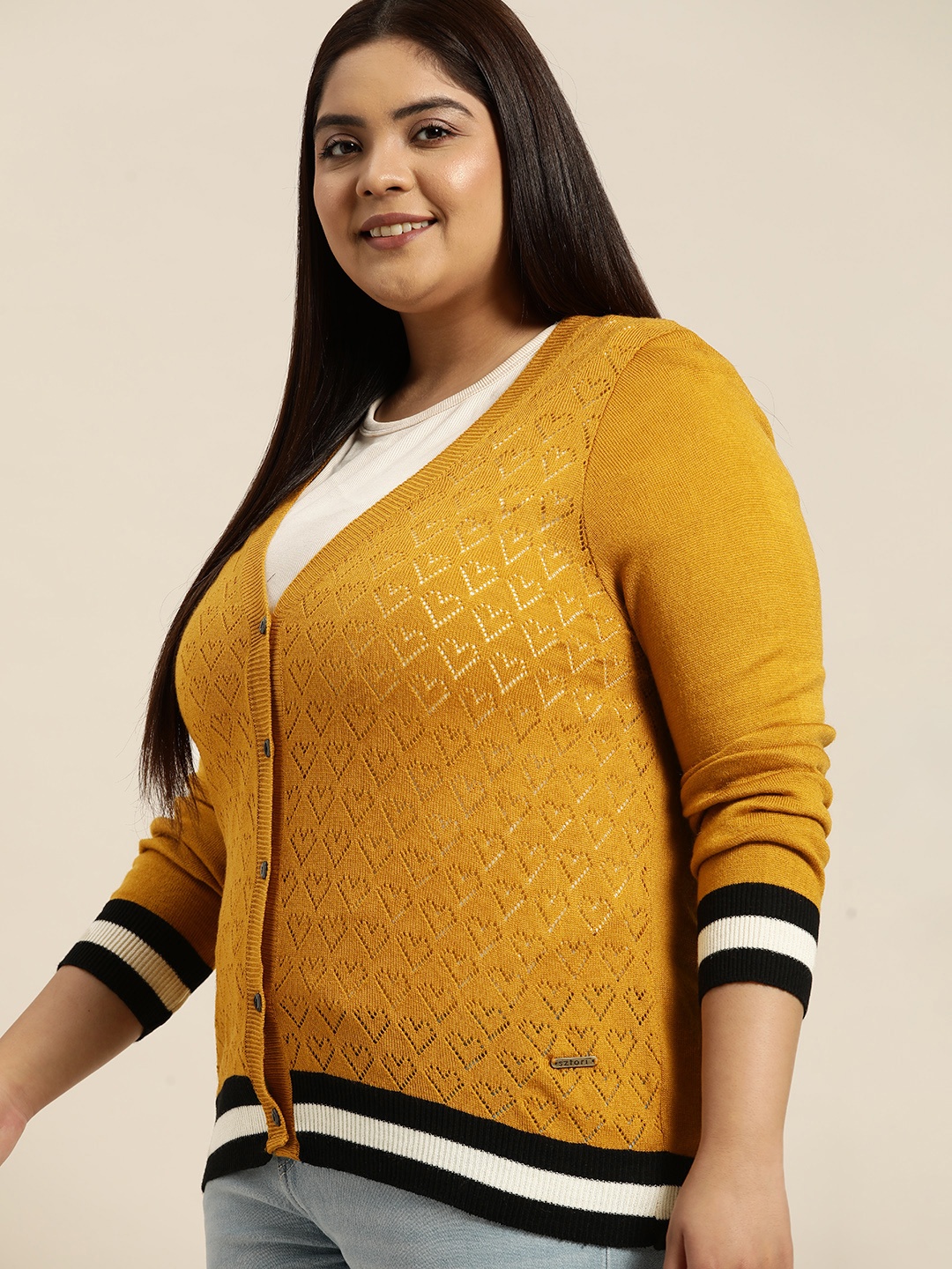

Sztori Women Plus Size Mustard Yellow Acrylic Open-Knit Cardigan With Stripe Detail