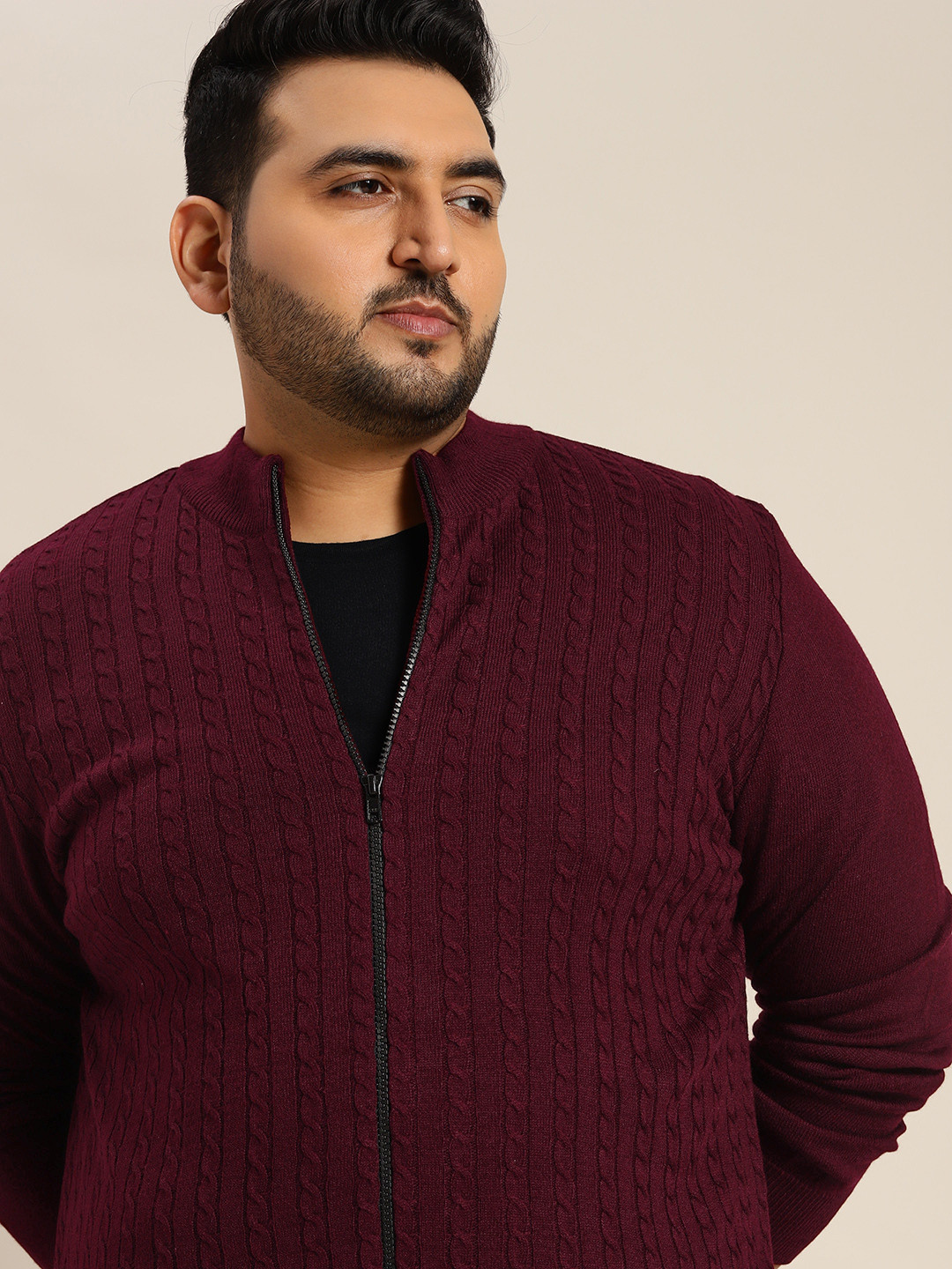 

Sztori Men Plus Size Maroon Self Design Zipper Cardigan