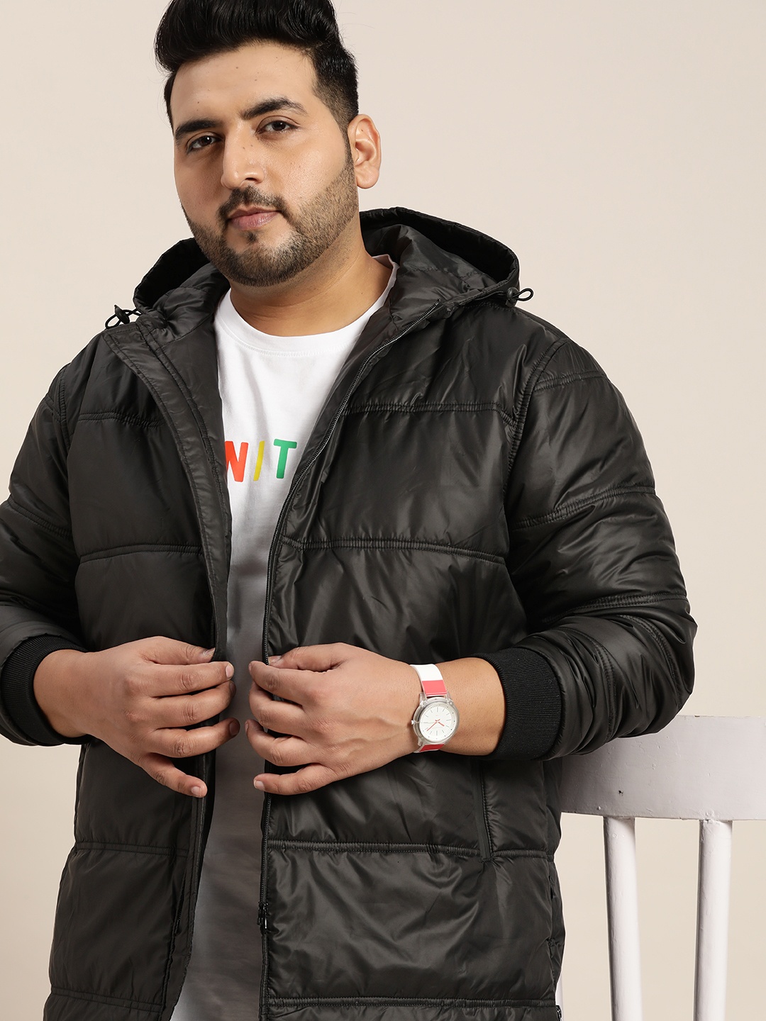 

Sztori Plus Size Men Black Longline Puffer Hooded Jacket