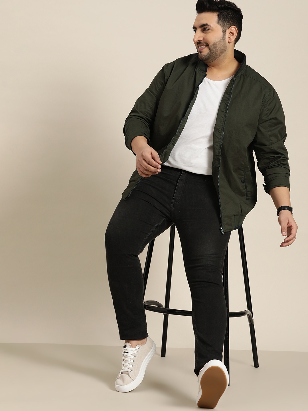 

Sztori Men Plus Size Olive Green Pure Cotton Bomber Jacket