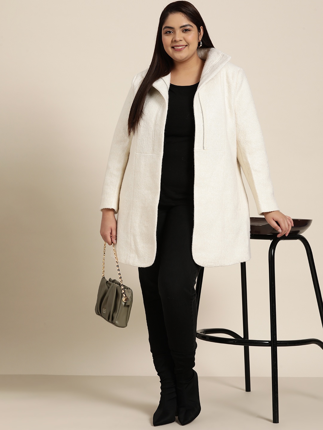 

Sztori Women Plus Size Off-White Solid Hip-Length Overcoat