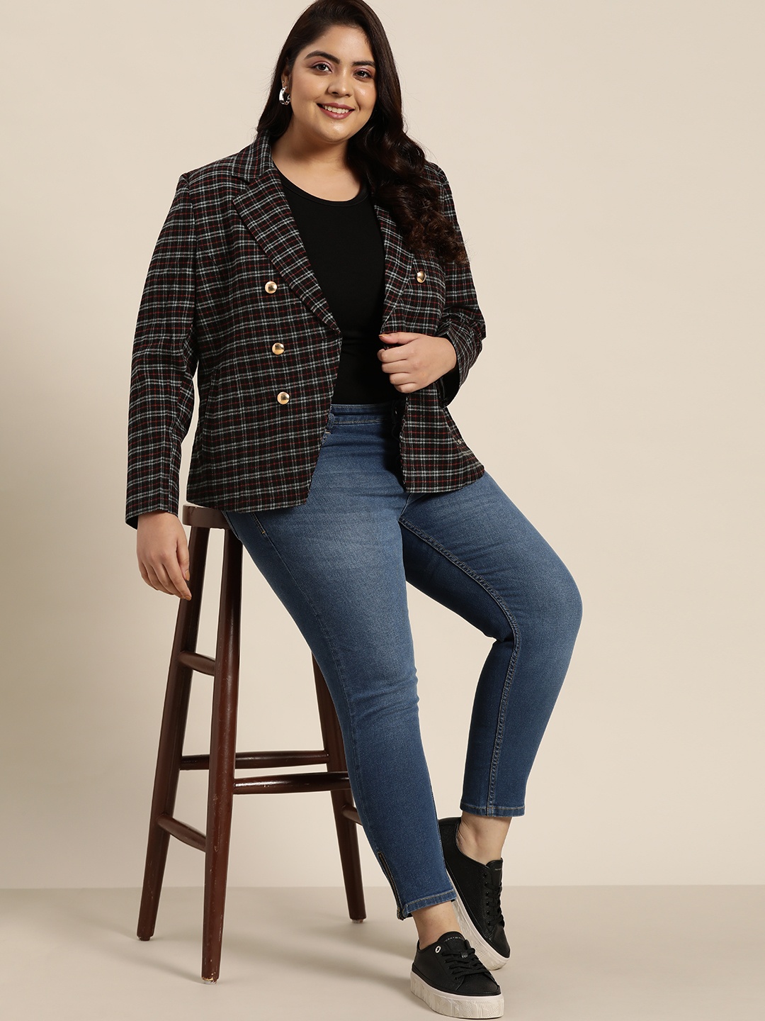 

Sztori Women Plus Size Black & Blue Checked Single-Breasted Casual Blazer