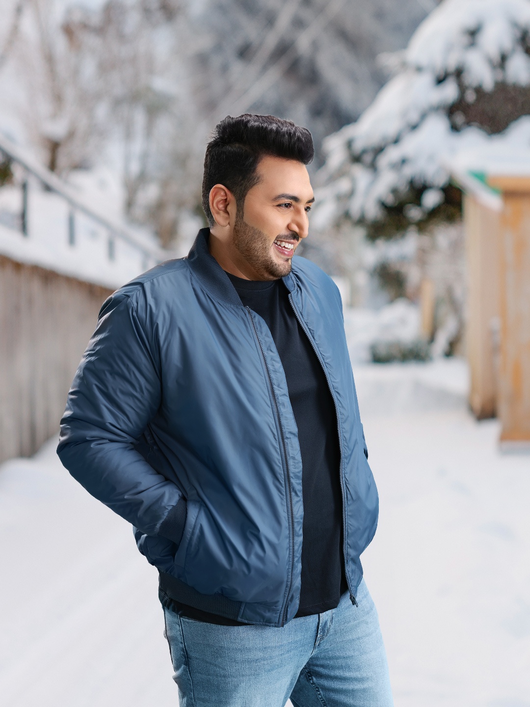 

Sztori Men Plus Size Blue Solid Bomber Jacket