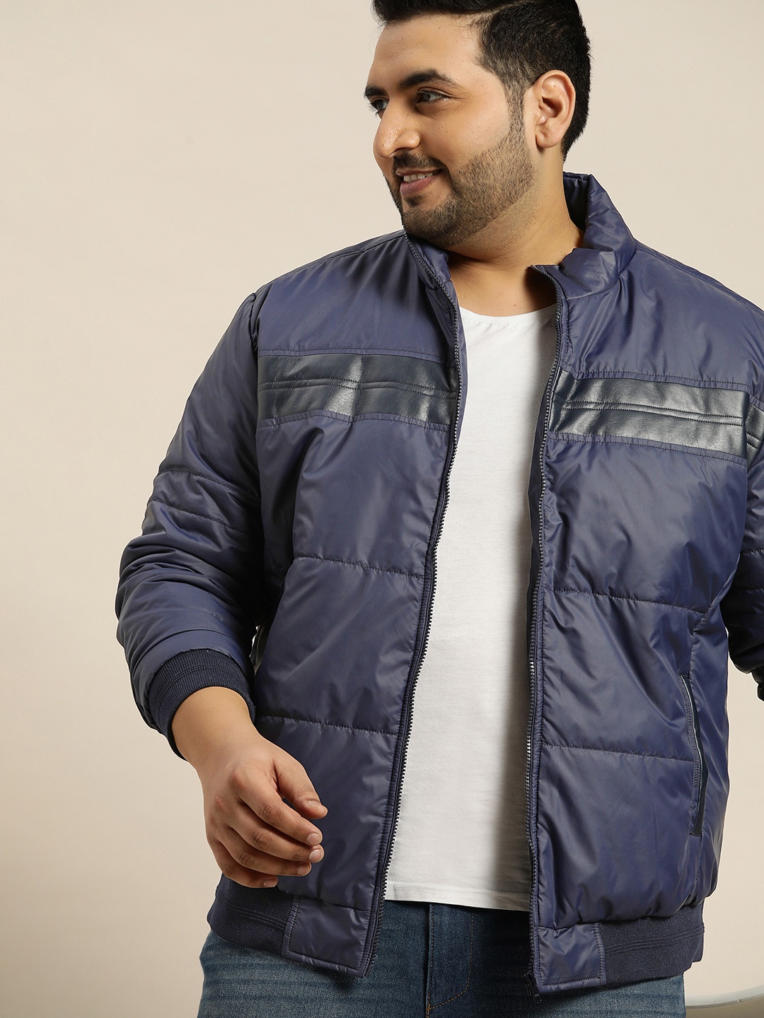 

Sztori Men Plus Size Navy Blue Mock Collar Bomber Jacket