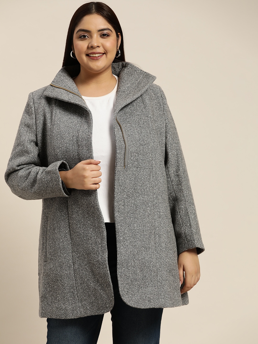 

Sztori Women Plus Size Grey Melange Self Design Longline Zipper Front Overcoat
