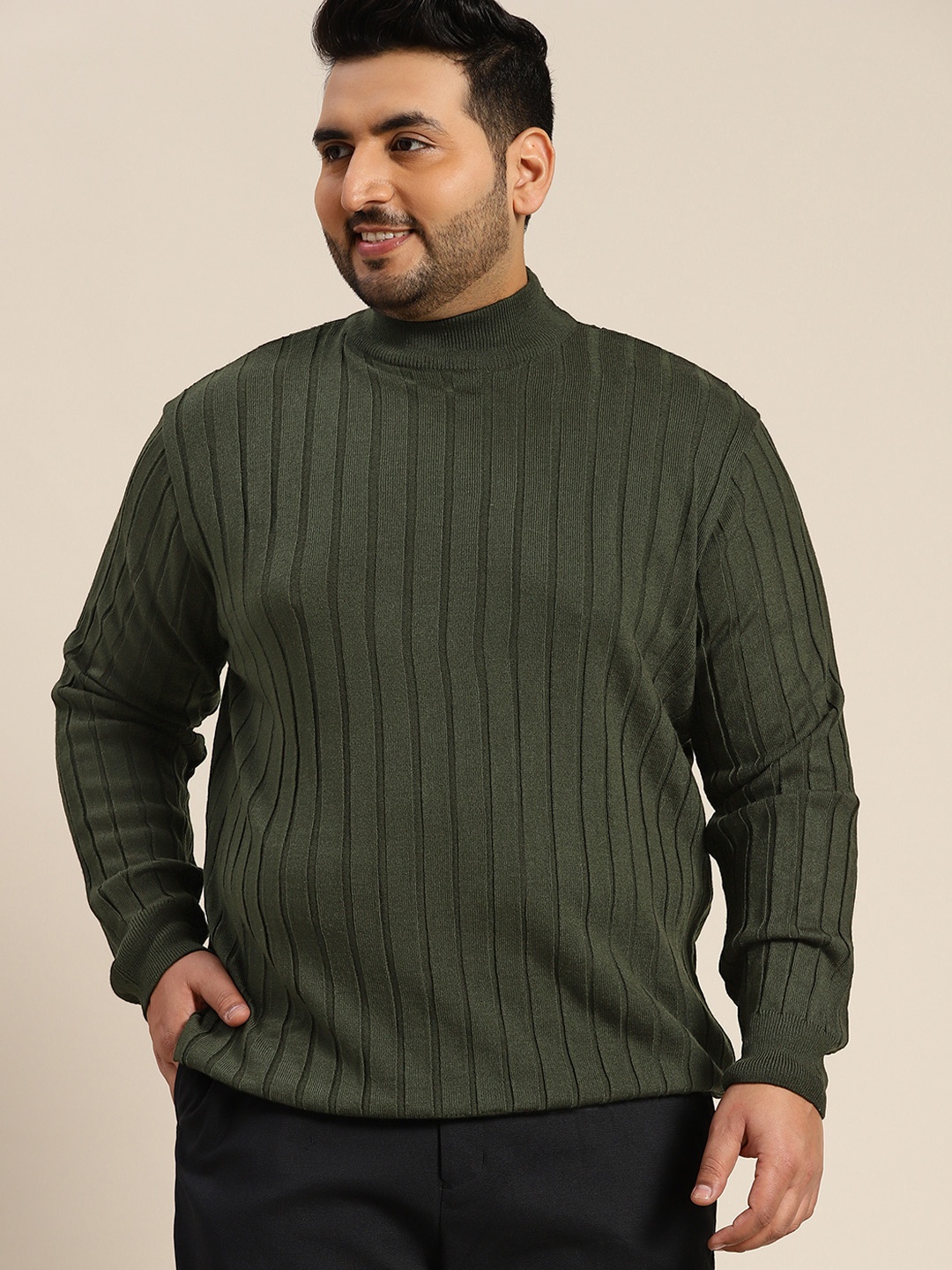 

Sztori Men Plus Size Olive Green Solid Ribbed Turtle Neck Pullover