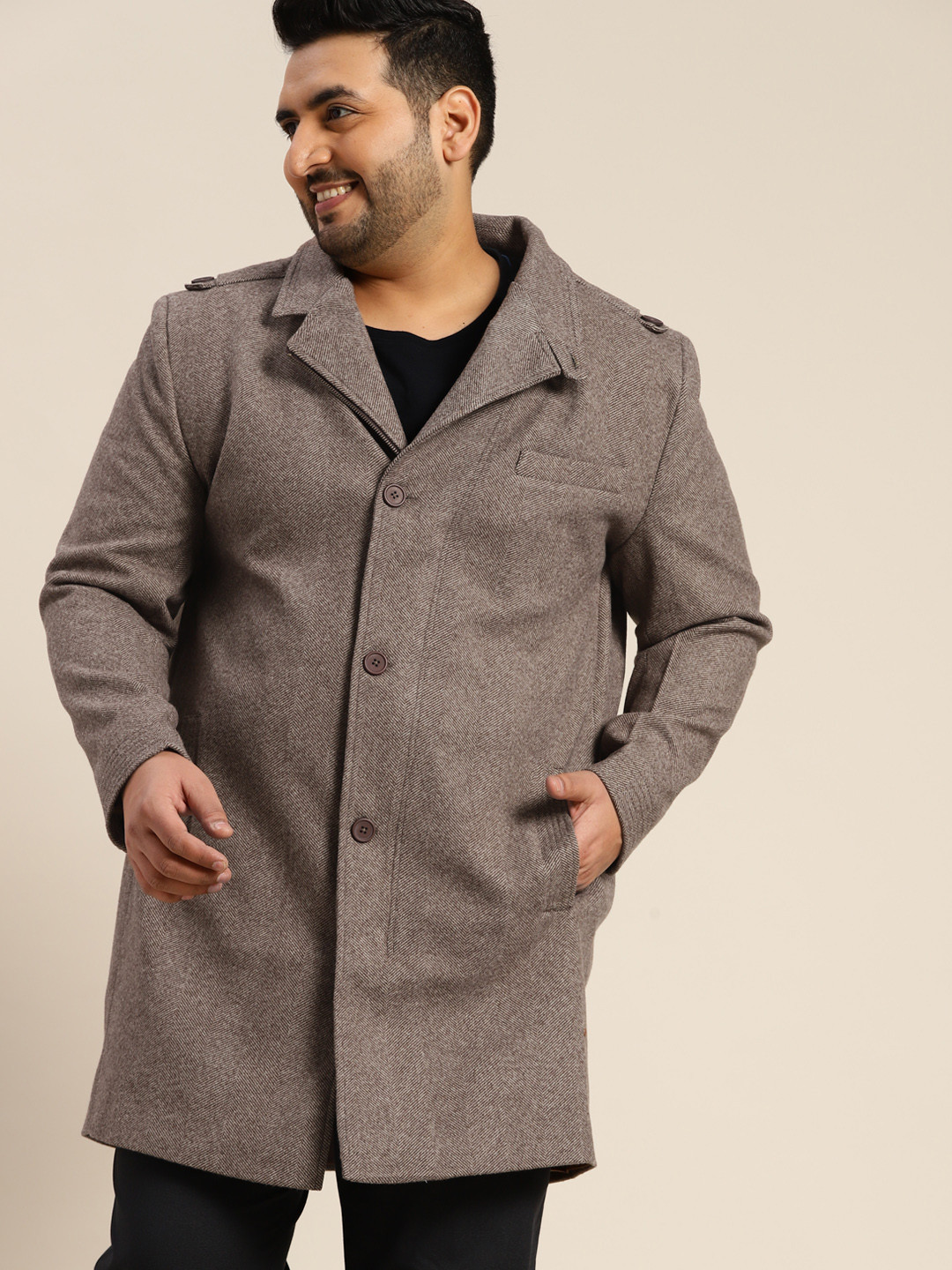 

Sztori Men Plus Size Brown Self-Design Single-Breasted Longline Overcoat