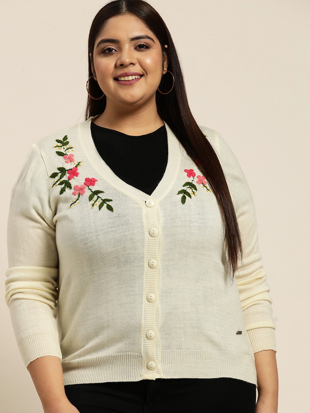 

Sztori Women Plus Size Off White & Green Floral Embroidered Sweater