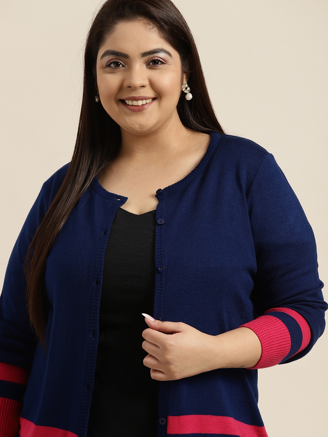 

Sztori Plus Size Women Navy Blue & Pink Stripe Detail Cardigan