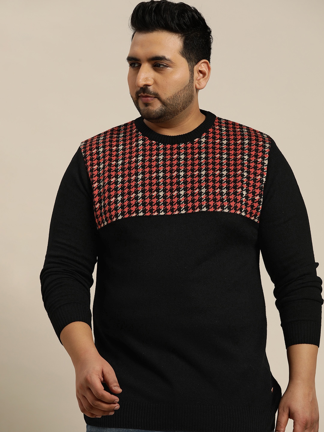 

Sztori Men Plus Size Black & Coral Red Houndstooth Acrylic Sweater