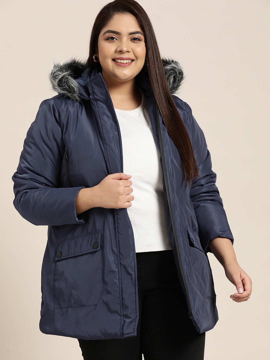 

Sztori Plus Size Women Navy Blue Longline Hooded Parka Jacket
