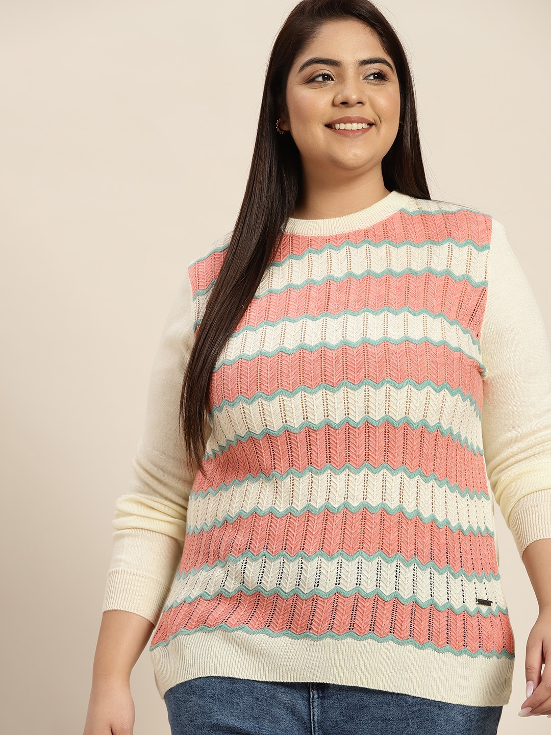 

Sztori Women Plus Size Off White & Pink Acrylic Open-Knit Chevron Sweater