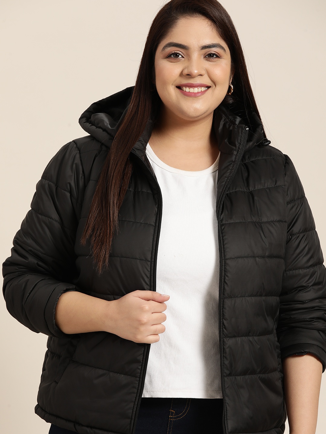 

Sztori Women Plus Size Black Hooded Padded Jacket