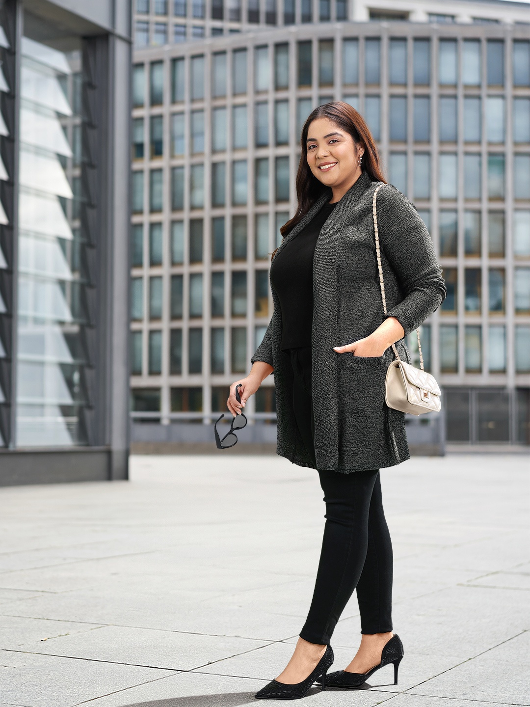 

Sztori Women Plus Size Charcoal Grey Solid Longline Sweater