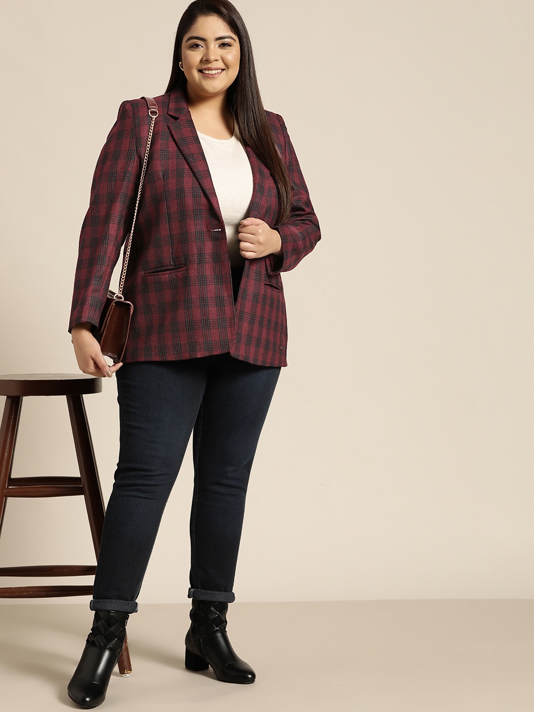 

Sztori Plus Size Women Tartan Check Single-Breasted Blazer, Maroon