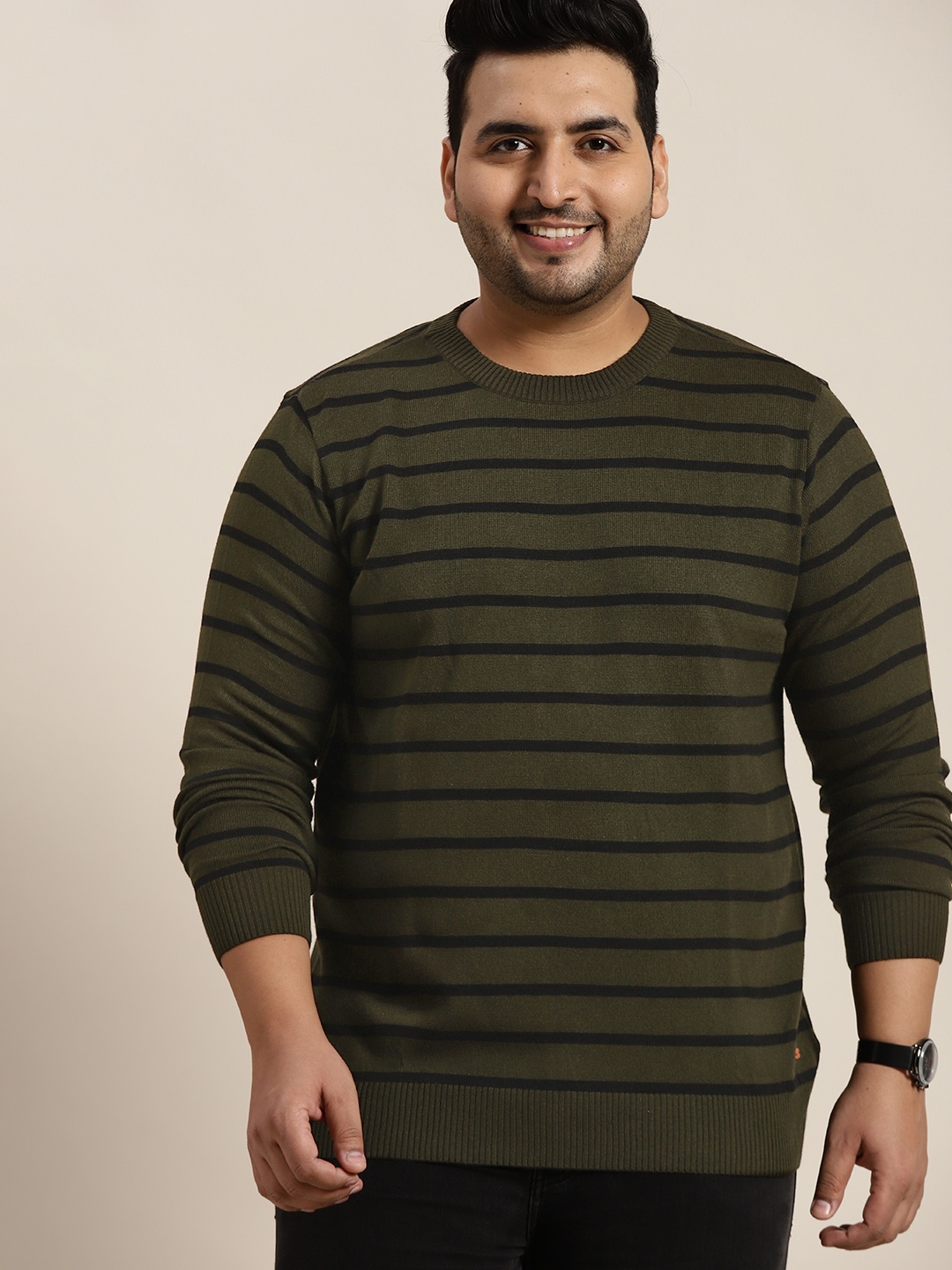 

Sztori Men Plus Size Olive Green & Black Striped Pullover