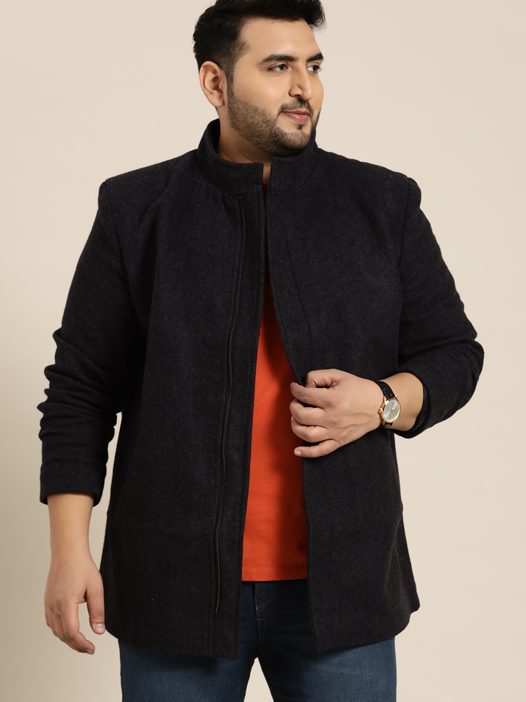 

Sztori Men Plus Size Charcoal Mandarin Collar Longline Coat