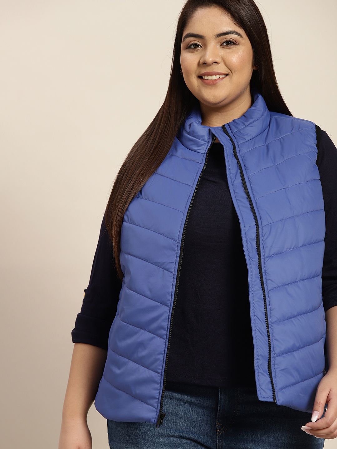 

Sztori Women Plus Size Blue Solid Sleeveless Padded Jacket