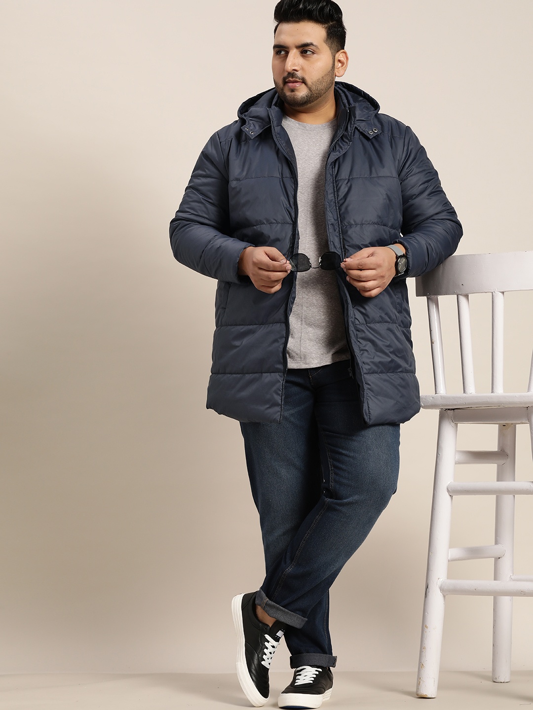 

Sztori Plus Size Men Navy Blue Hooded Quilted Puffer Jacket