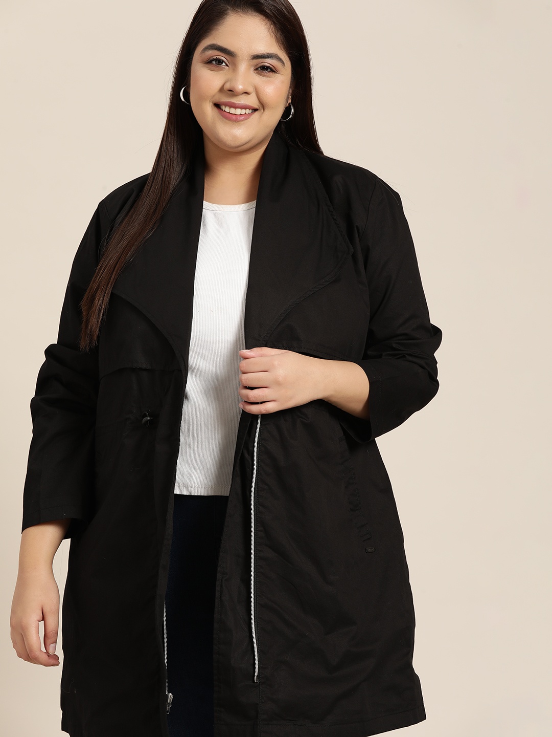 

Sztori Women Plus Size Black Cotton Solid Hip-Length Overcoat