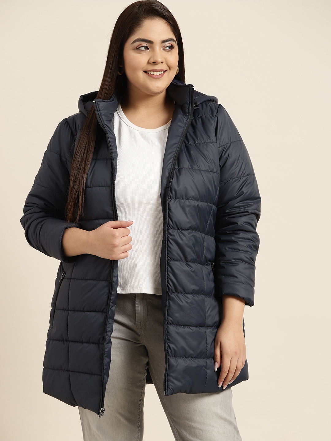

Sztori Women Plus Size Navy Blue Longline Padded Jacket With Detachable Hood