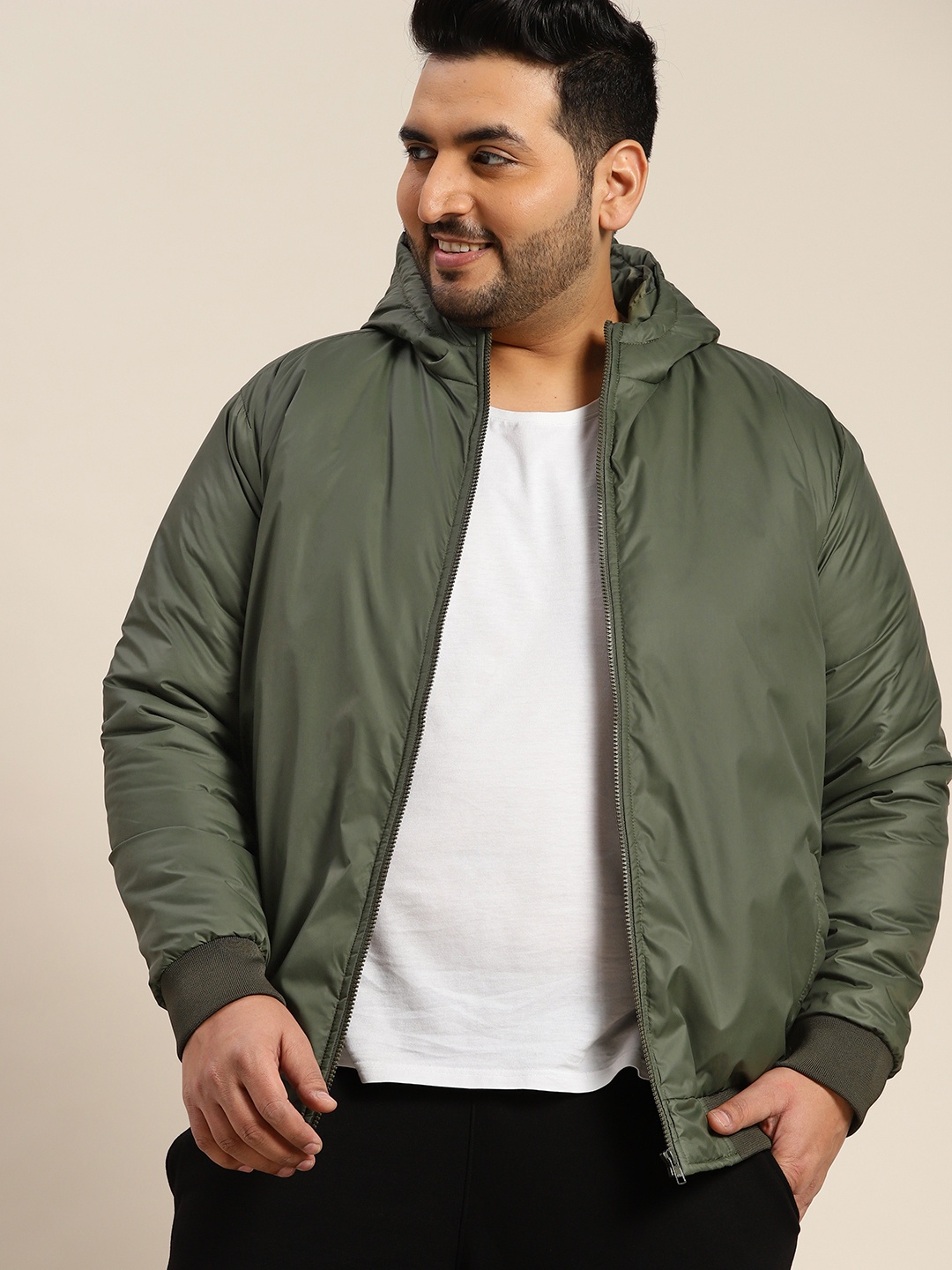

Sztori Men Plus Size Olive Green Solid Hooded Padded Jacket