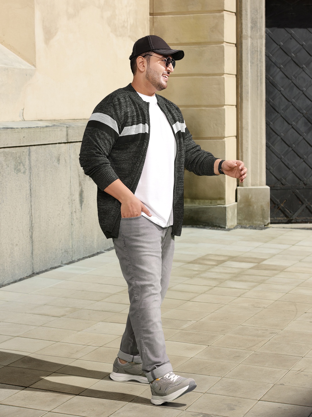 

Sztori Men Plus Size Charcoal Grey & Black Striped Striped Sweater
