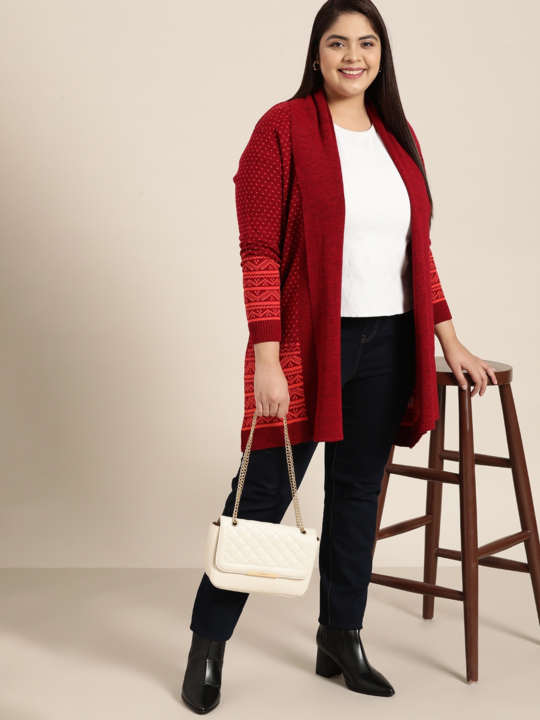 

Sztori Women Plus Size Red & Orange Self-Design Longline Front-Open Sweater
