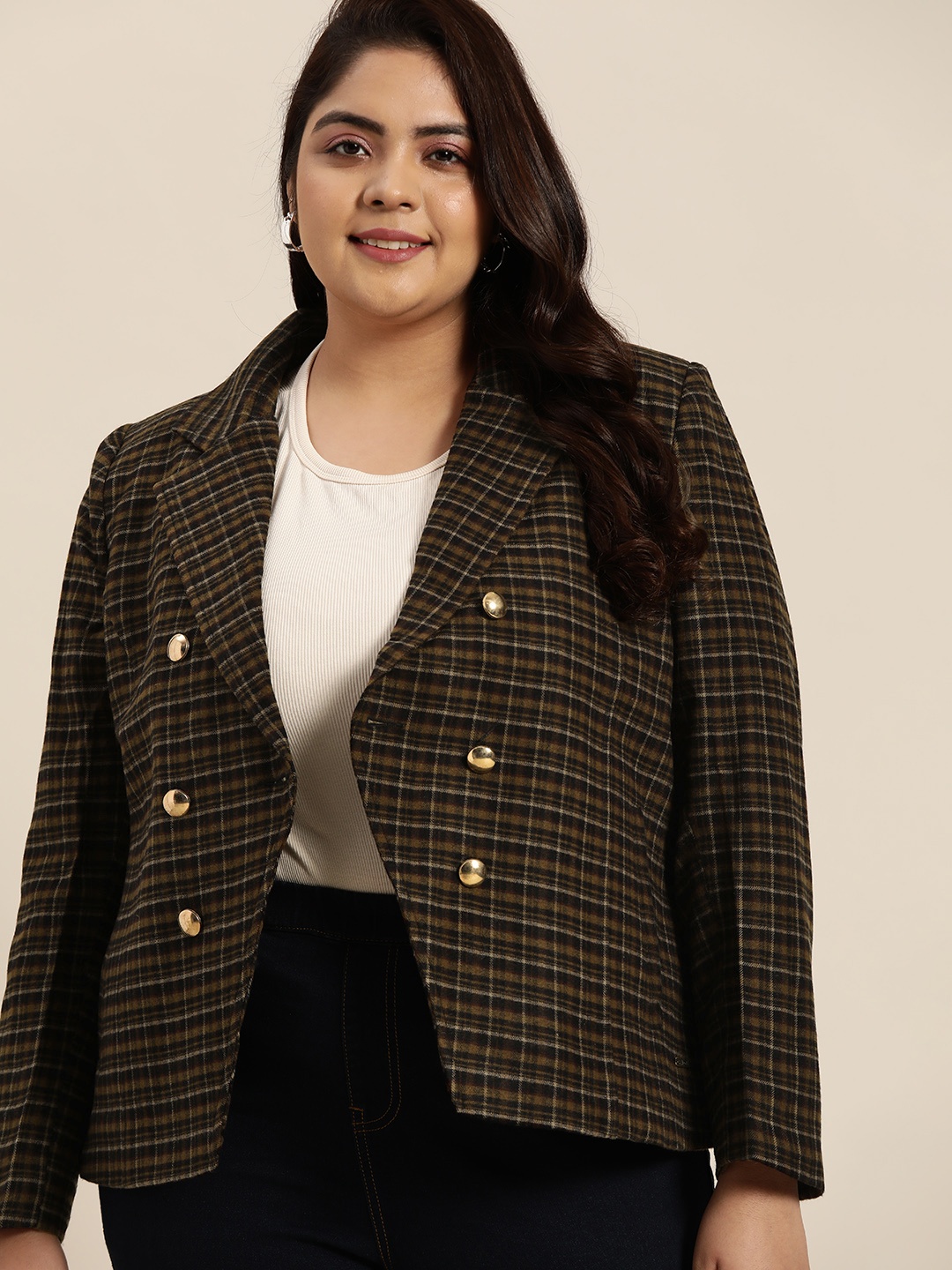 

Sztori Women Plus Size Black & Olive Green Checked Single-Breasted Casual Blazer