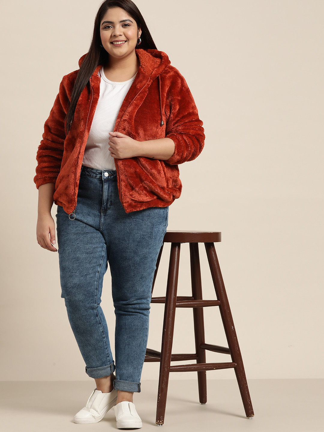 

Sztori Women Plus Size Rust Orange Solid Faux Fur Hooded Tailored Jacket