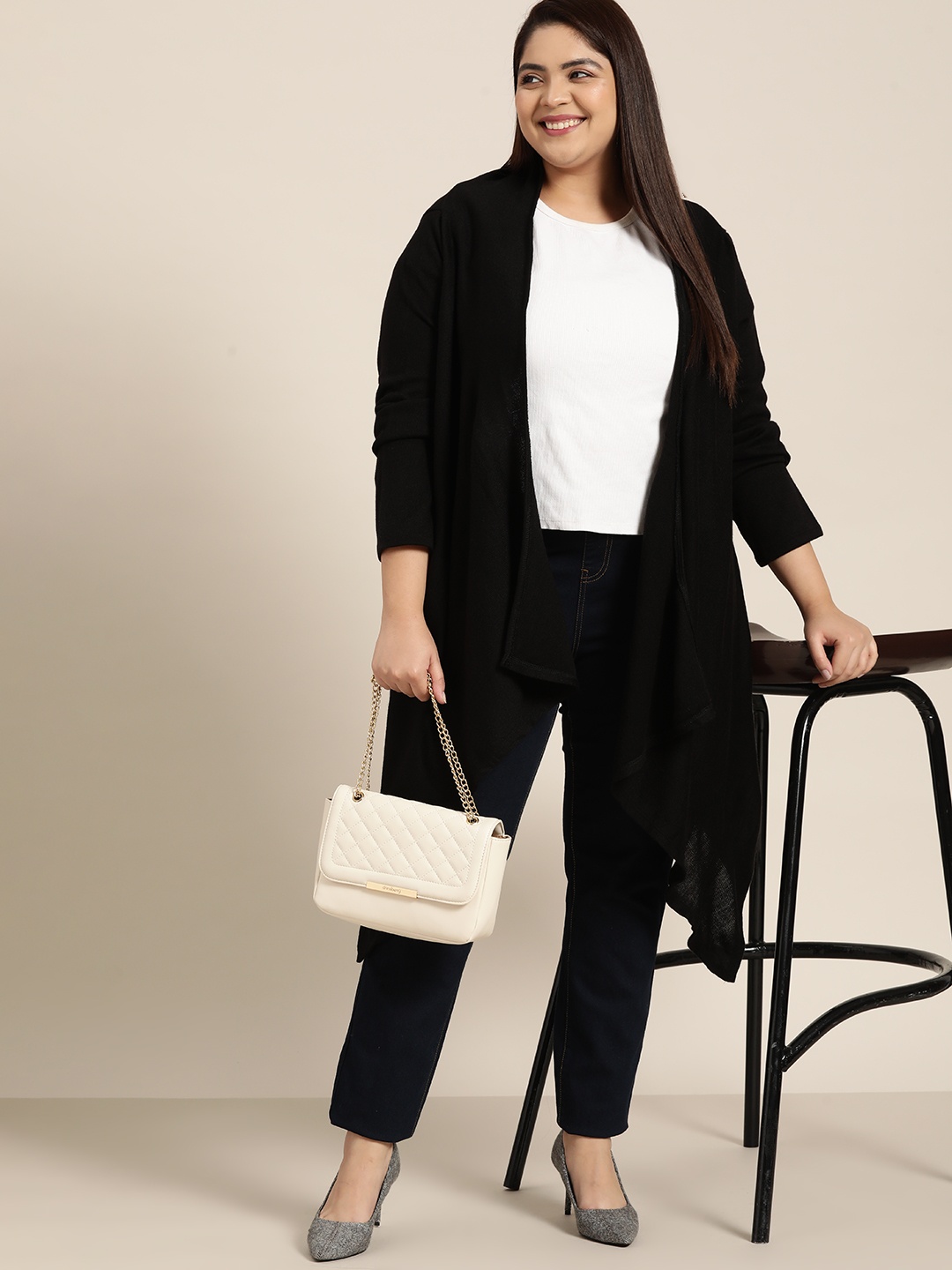 

Sztori Women Plus Size Black Solid Longline Waterfall Acrylic Shrug