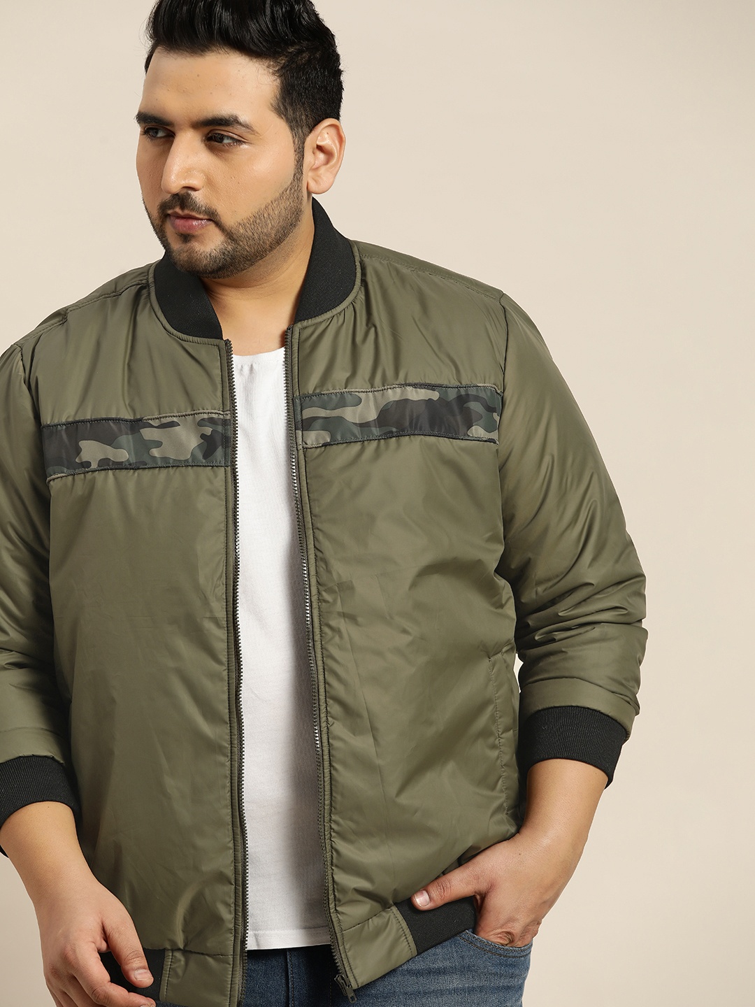 

Sztori Men Plus Size Olive Green Mandarin Collar Bomber Jacket