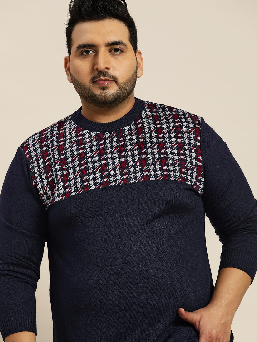 

Sztori Men Plus Size Navy Blue & Grey Houndstooth Acrylic Sweater