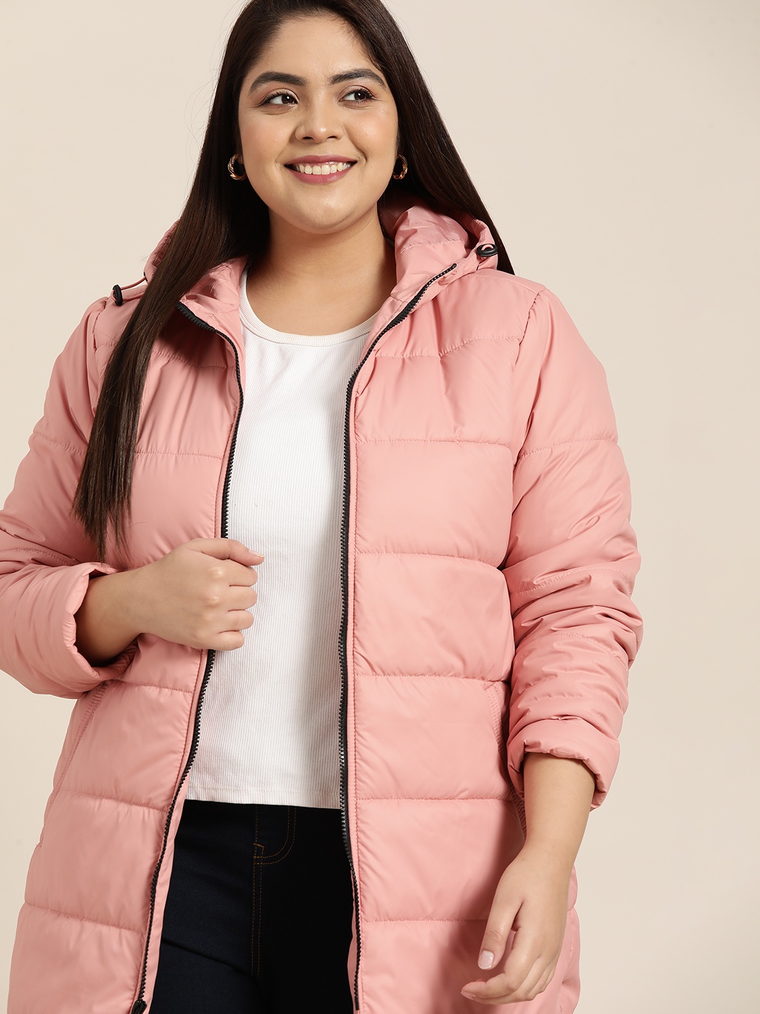 

Sztori Women Plus Size Peach-Coloured Hooded Longline Padded Jacket